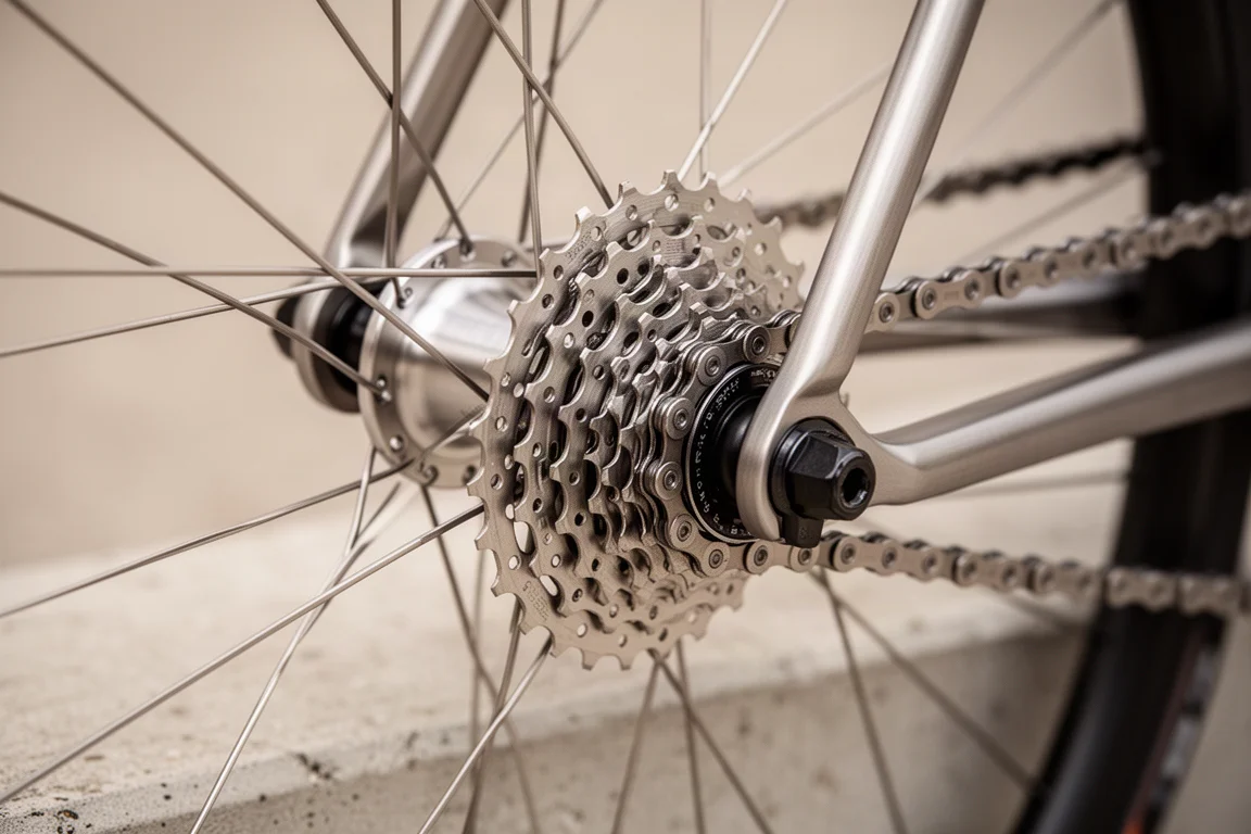 Primo piano del mozzo posteriore, della cassetta e della catena di una bici da strada in luce soffusa