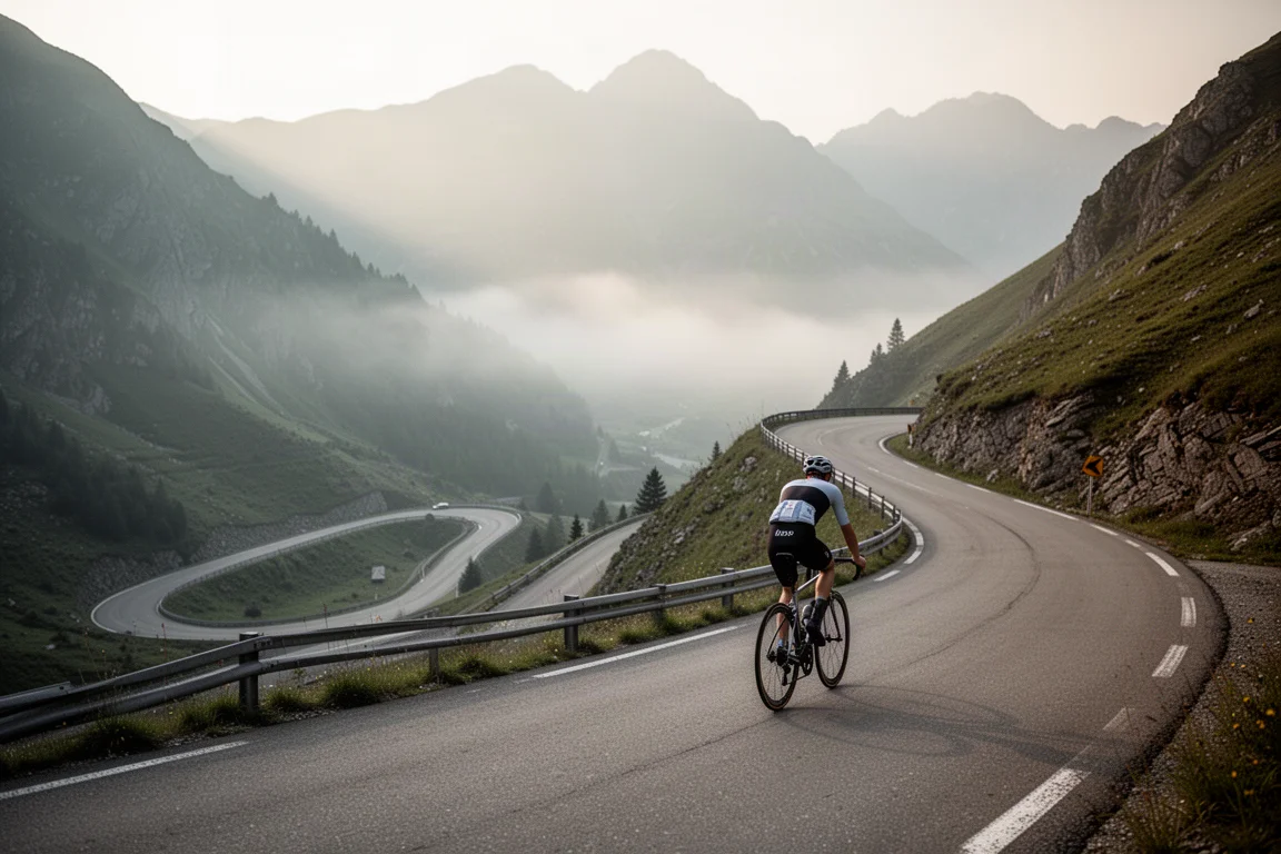Ciclista su strada che sale su un tornante di montagna ripido nella nebbia mattutina