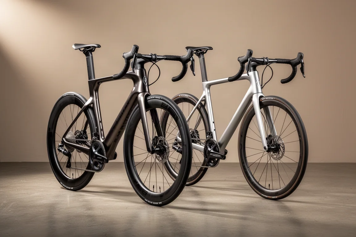 Twee hoogwaardige Colnago racefietsen naast elkaar op een matte betonvloer