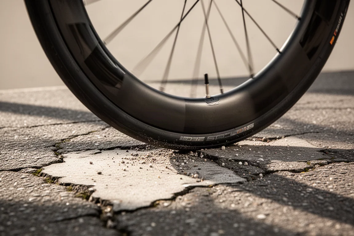 Vélo de route appuyé contre un mur en pierres sèches au bord d'une petite route de campagne déserte à l'aube