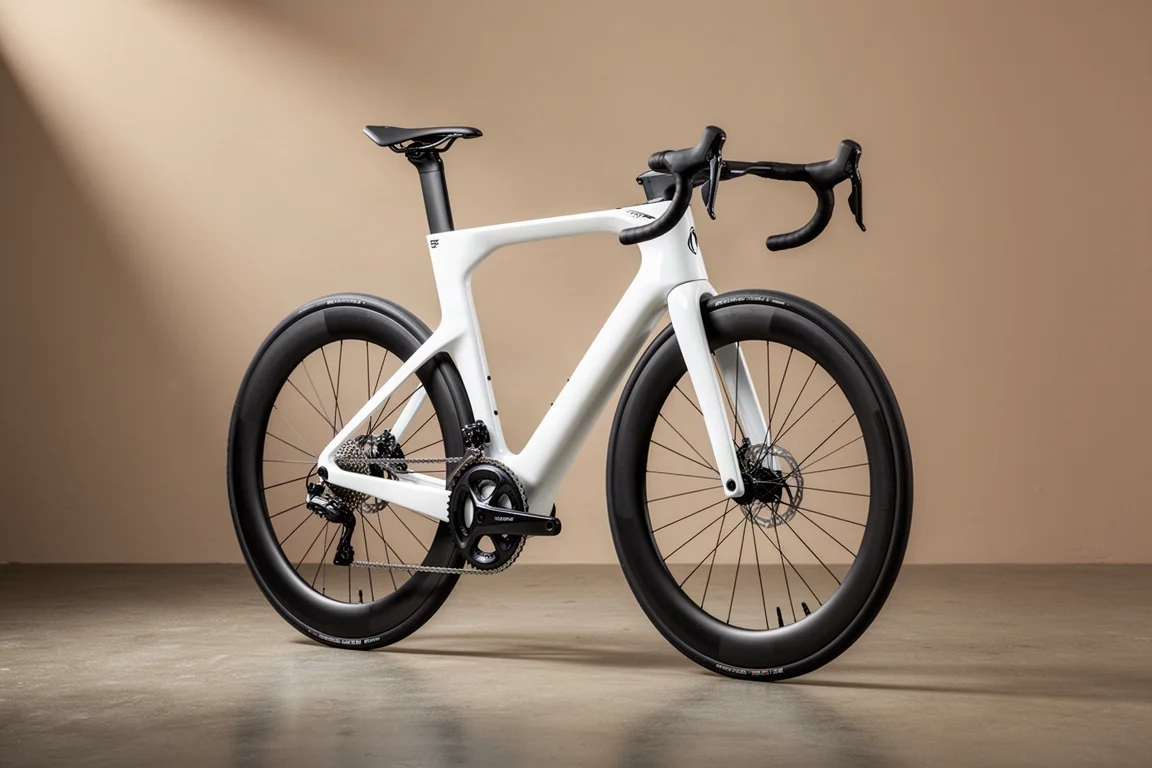 Witte aero-racefiets in profiel op een matte betonvloer tegen een grijze achtergrond