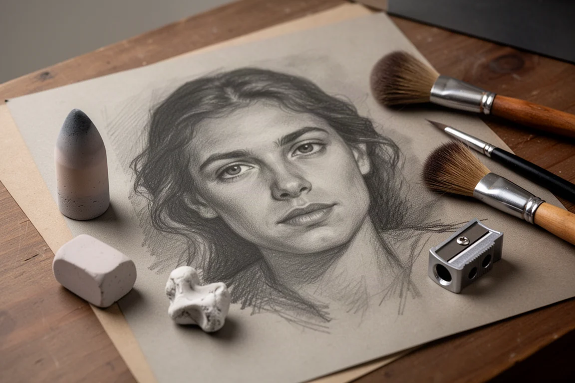 Gotowy portret wykonany grafeitem i węglem na biurku, obok narzędzi do rysowania