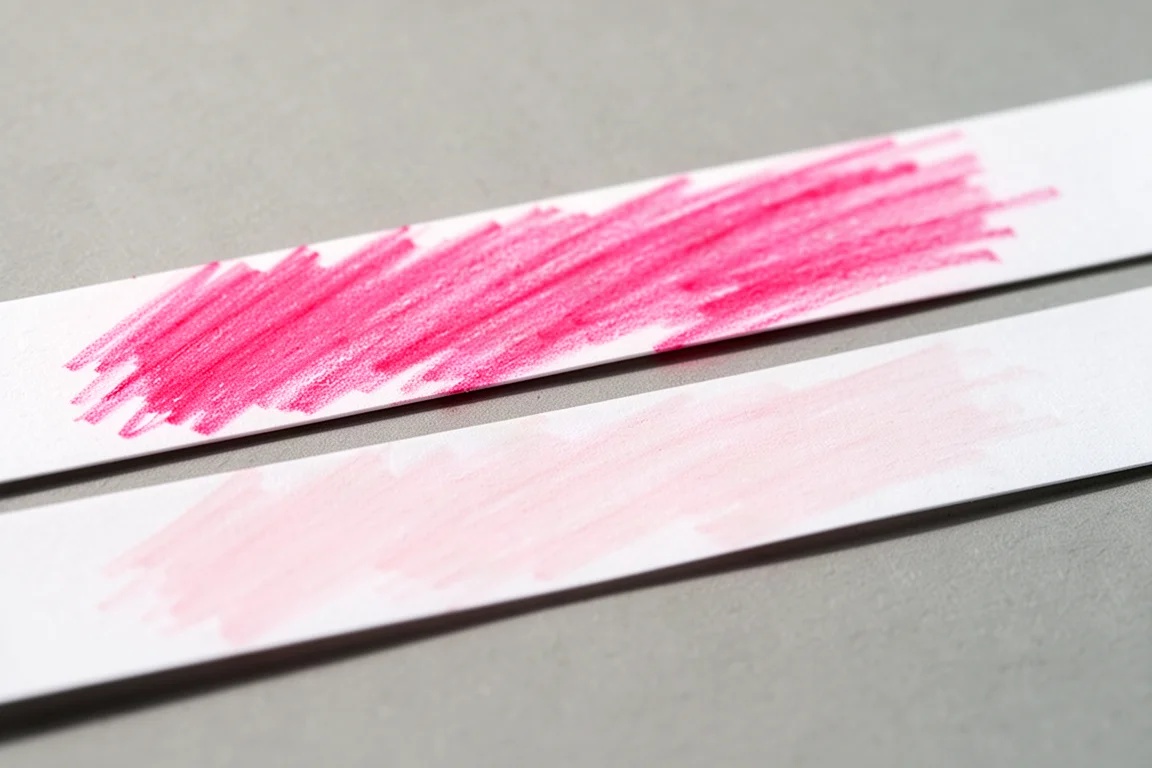 Närbild på blekta rosa pennprover bredvid sina ursprungliga oblekta versioner