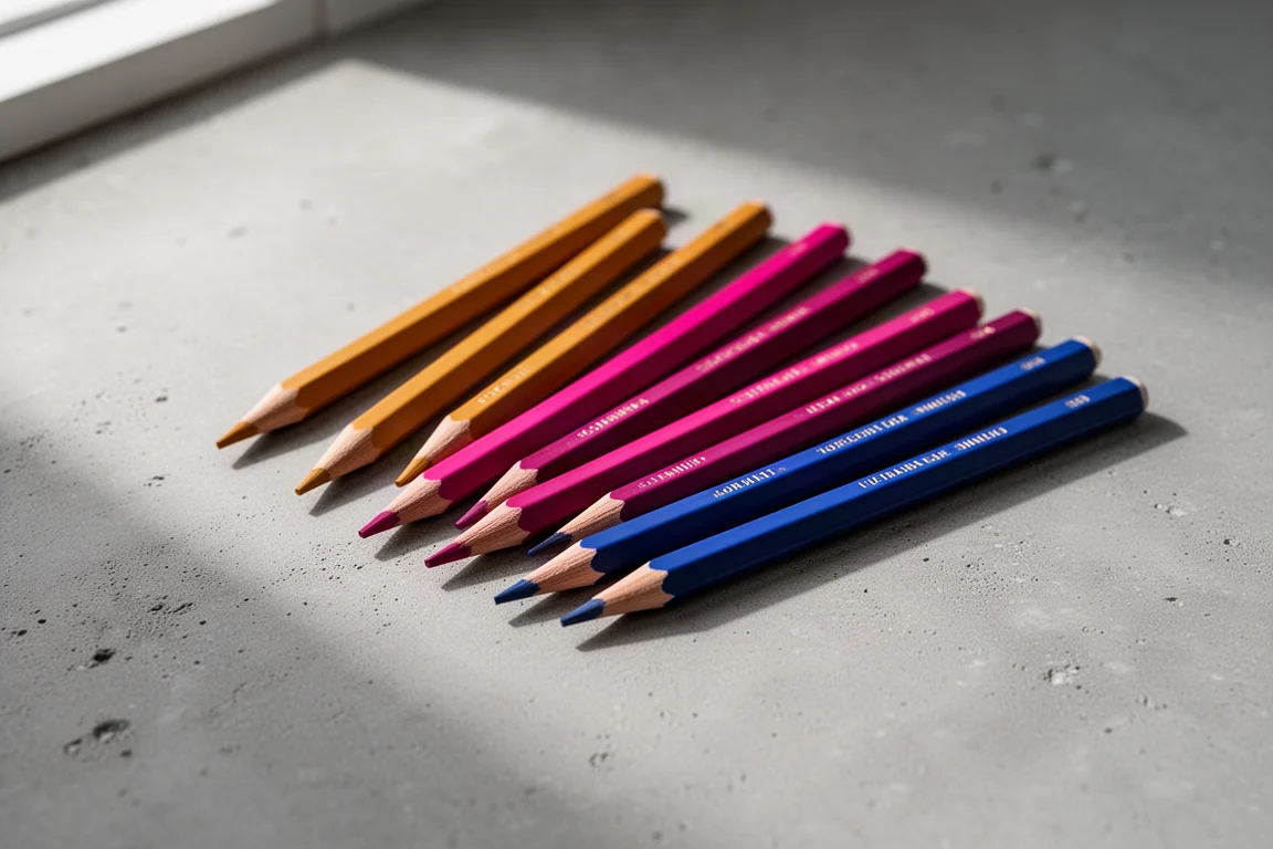 Professional colored pencils fanned out on a concrete surface in warm pigment tones