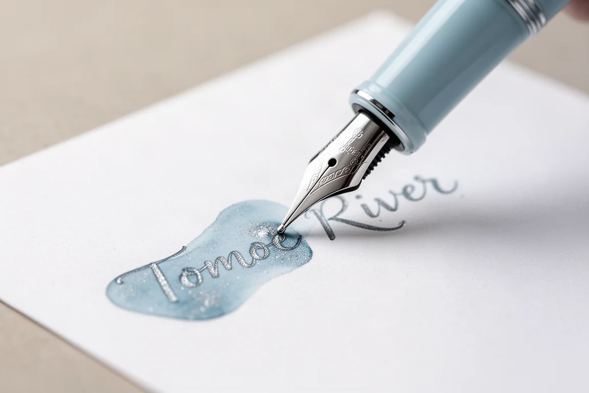 Inchiostro shimmer azzurro chiaro scritto su carta bianca Tomoe River