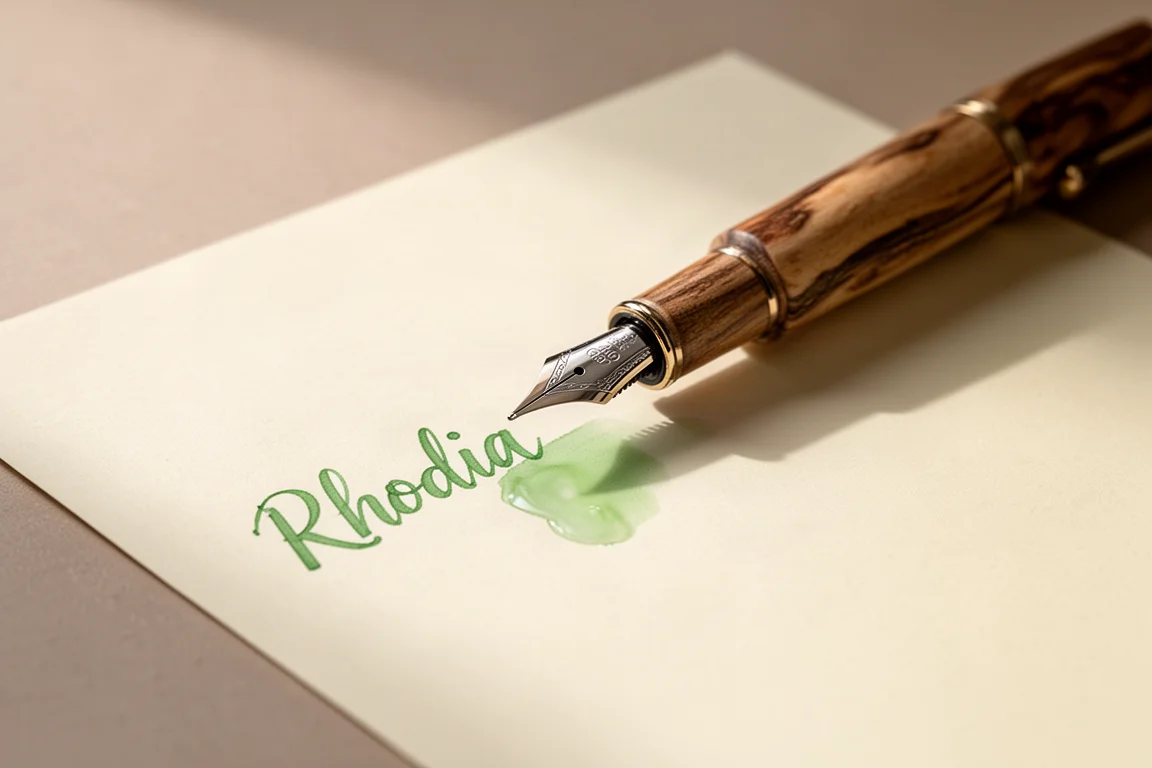 Penna stilografica con pennino medio che scrive inchiostro verde chiaro su carta Rhodia