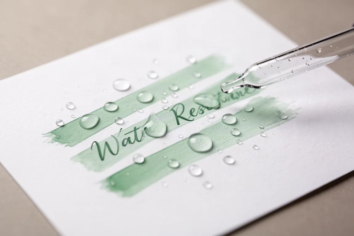 Goccioline d'acqua su un campione d'inchiostro appena scritto con lievi sbavature