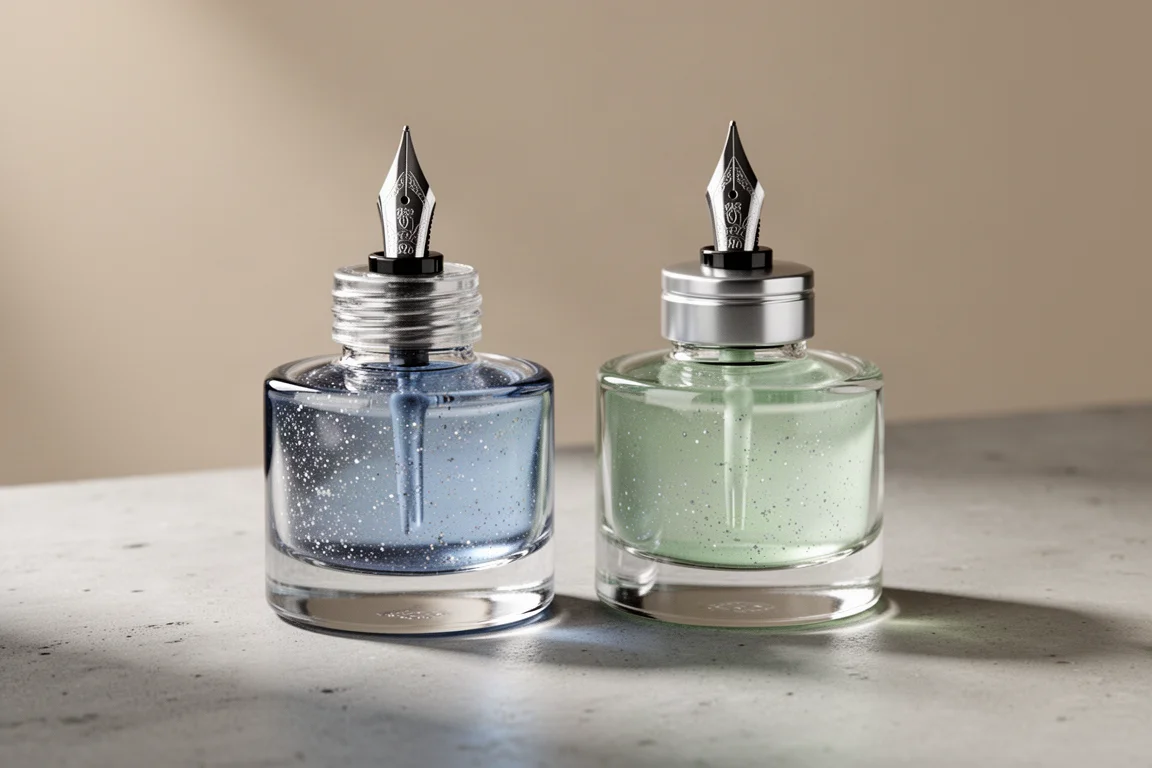 Two Colorverse ink bottles, one pale blue shimmer and one light green, on a concrete surface