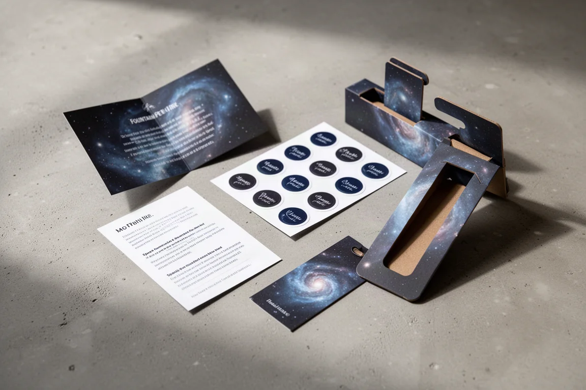 Tårformade bläckflaskor bredvid ett rymdtemablerat unboxing-paket med klistermärken och ett bokmärke