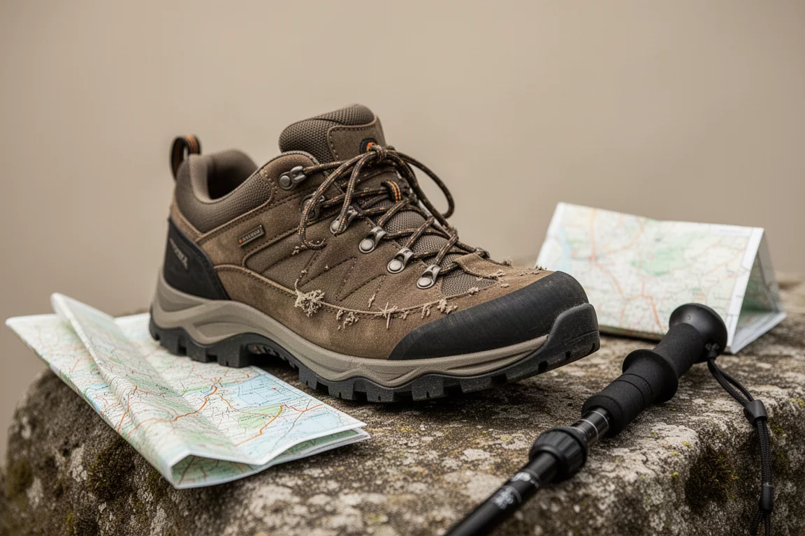 Tomai di una scarpa da escursionismo ben consumata e suola levigata appoggiati su pietra consumata accanto a una mappa piegata