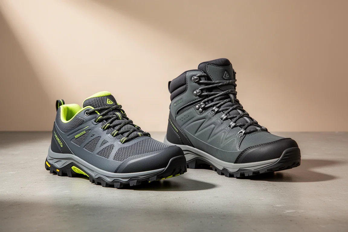 Low-cut trail shoe and mid-cut waterproof hiking boot side by side on a concrete surface