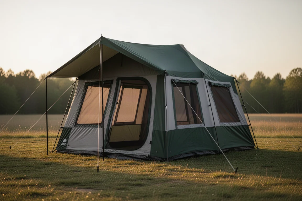 Large blue cabin-style camping tent with dark rainfly on a neutral grey backdrop