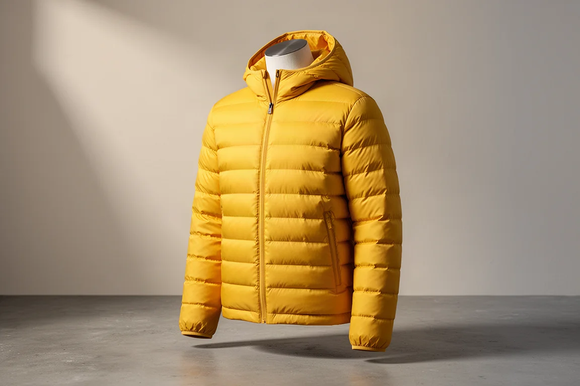 Bright yellow quilted down jacket with hood on a neutral studio backdrop
