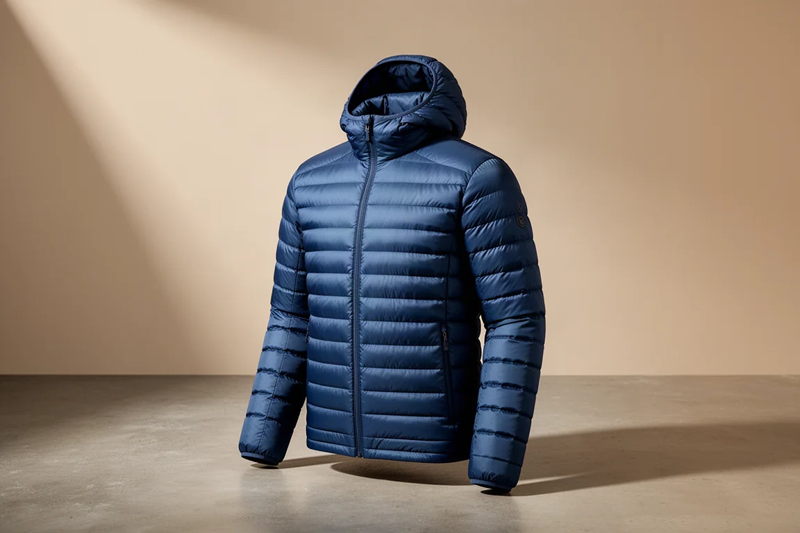 Deep blue hooded quilted insulated jacket photographed on a matte concrete surface