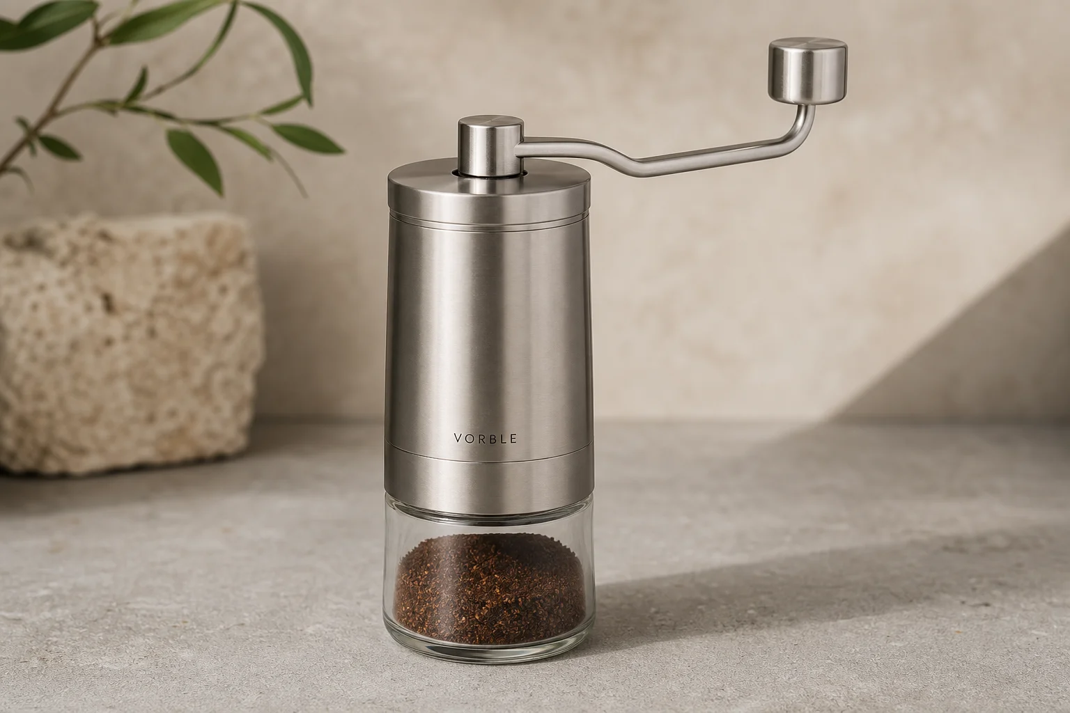 Seven premium hand coffee grinders arranged on concrete surface