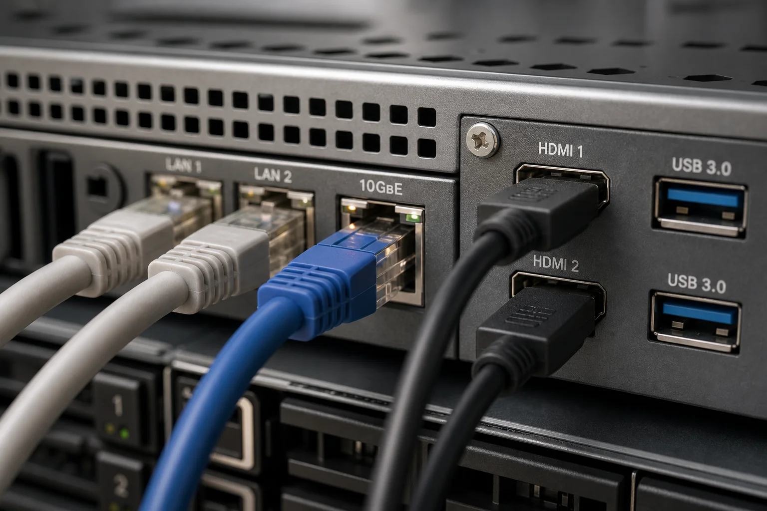 Close-up of network cables and ethernet connections on server equipment