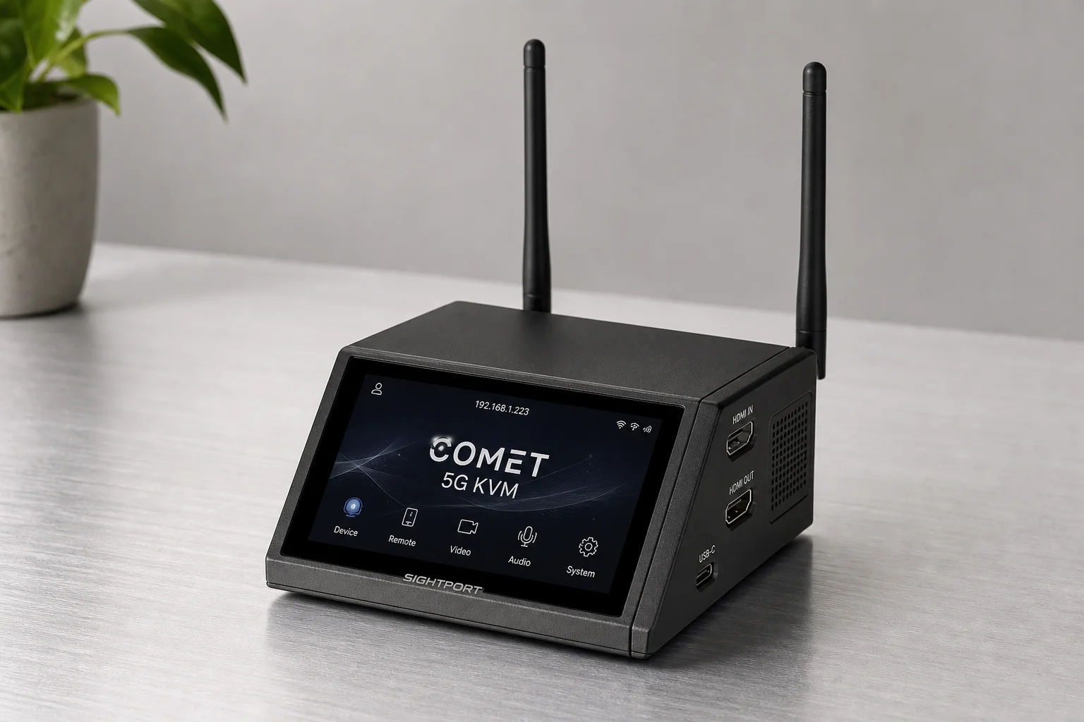Comet 5G KVM device with antennas extended and touchscreen display visible