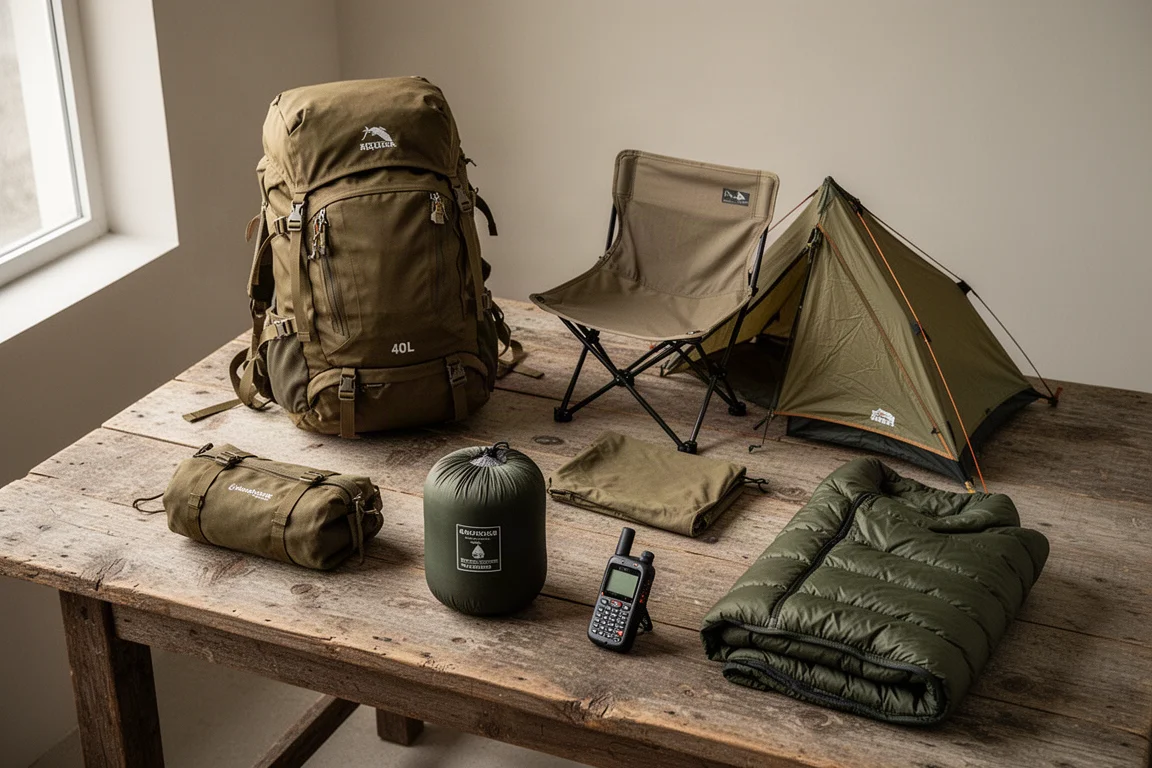Flat-lay of backpacking gear including a 40L pack, chair, tent, sleeping bag, and down jacket