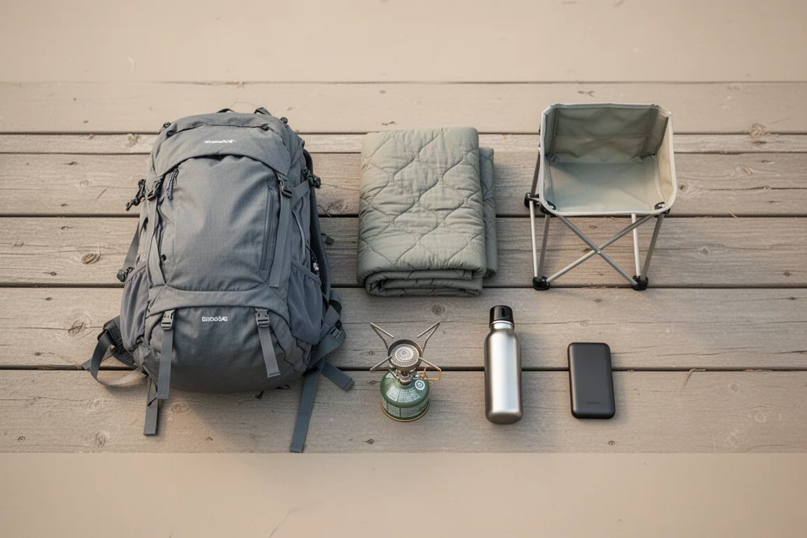 Backpackingutrustning utlagd på ett trädäck i mjukt morgonljus