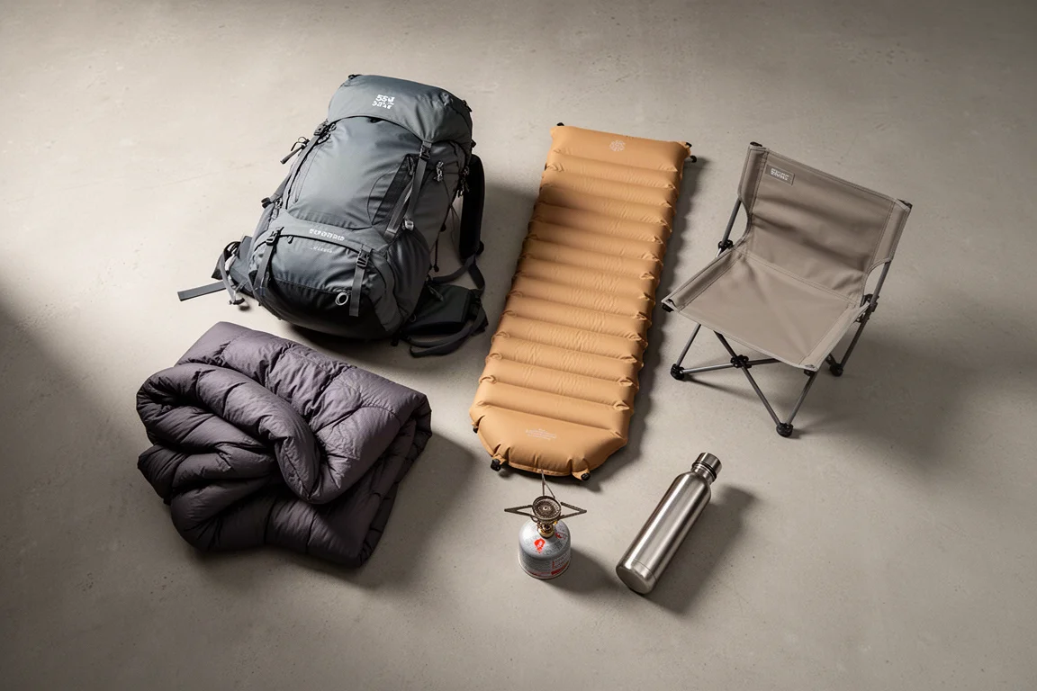 Backpacking gear flat-lay with pack, quilt, sleeping pad, camp chair and stove on concrete