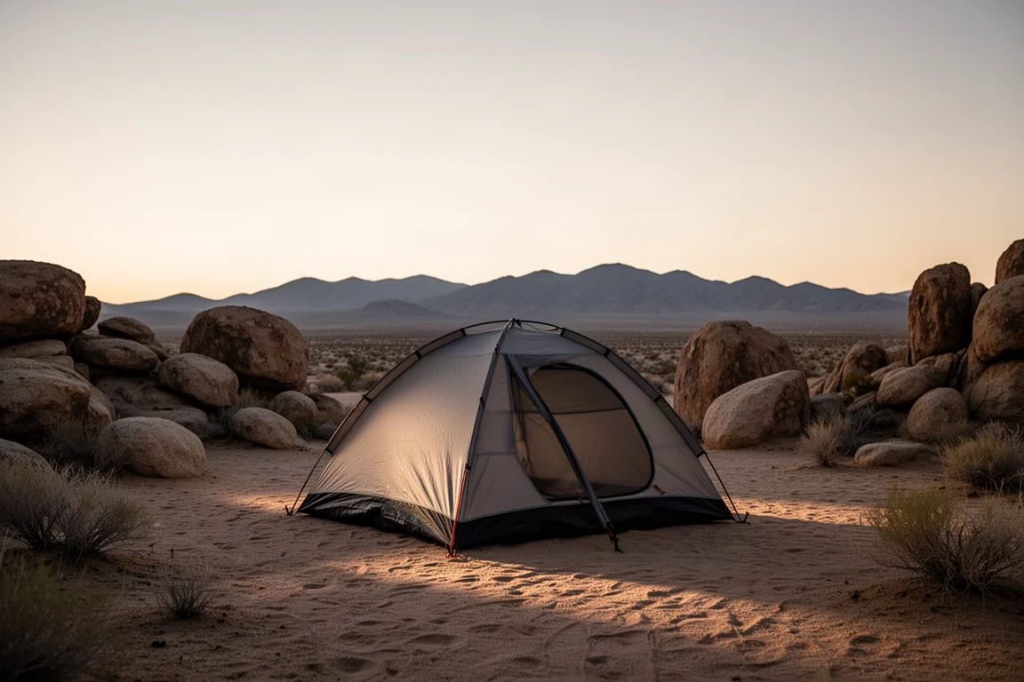 Freestanding two-person tent pitched on desert ground at dusk with rocky outcrops