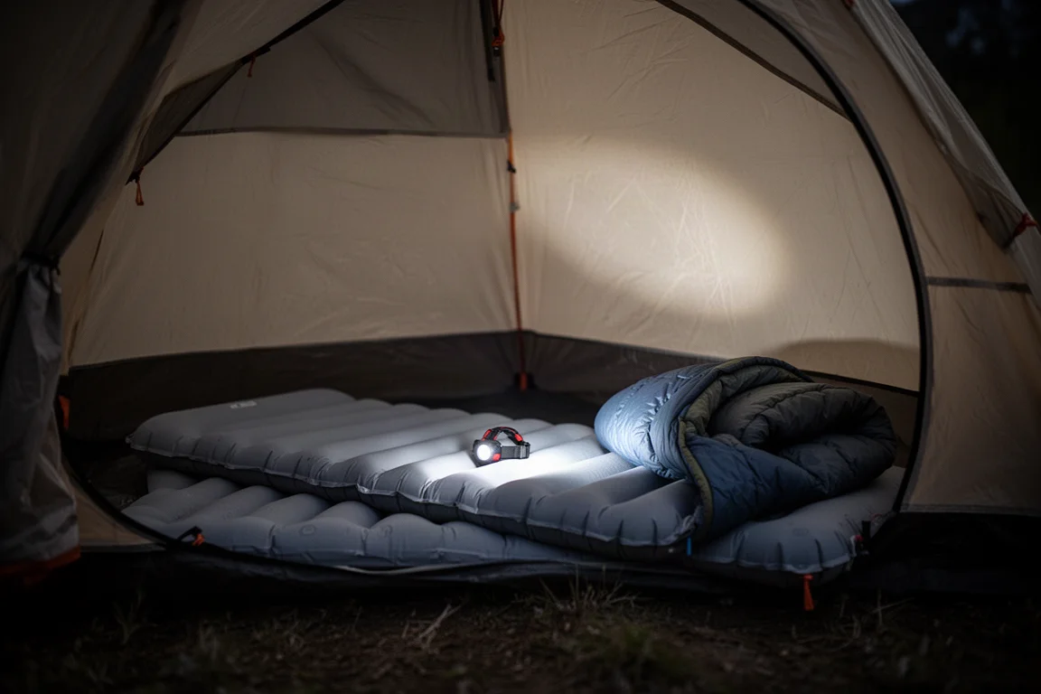 Inflated sleeping pad and quilt inside a tent lit by a headlamp