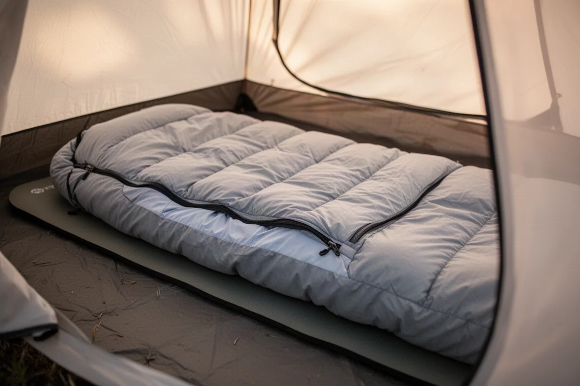 Quilt zipped to a fitted sheet on a tent floor in soft morning light