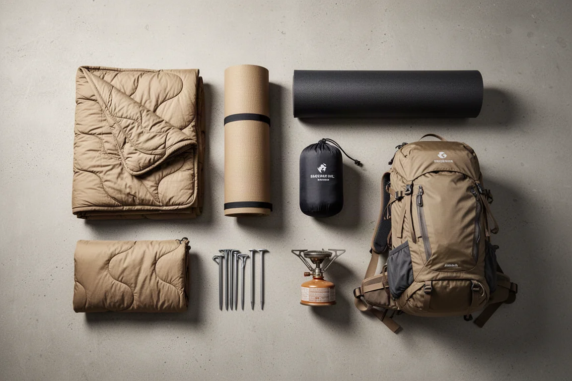 Flat-lay of backpacking gear including quilt, pad, stakes and pack