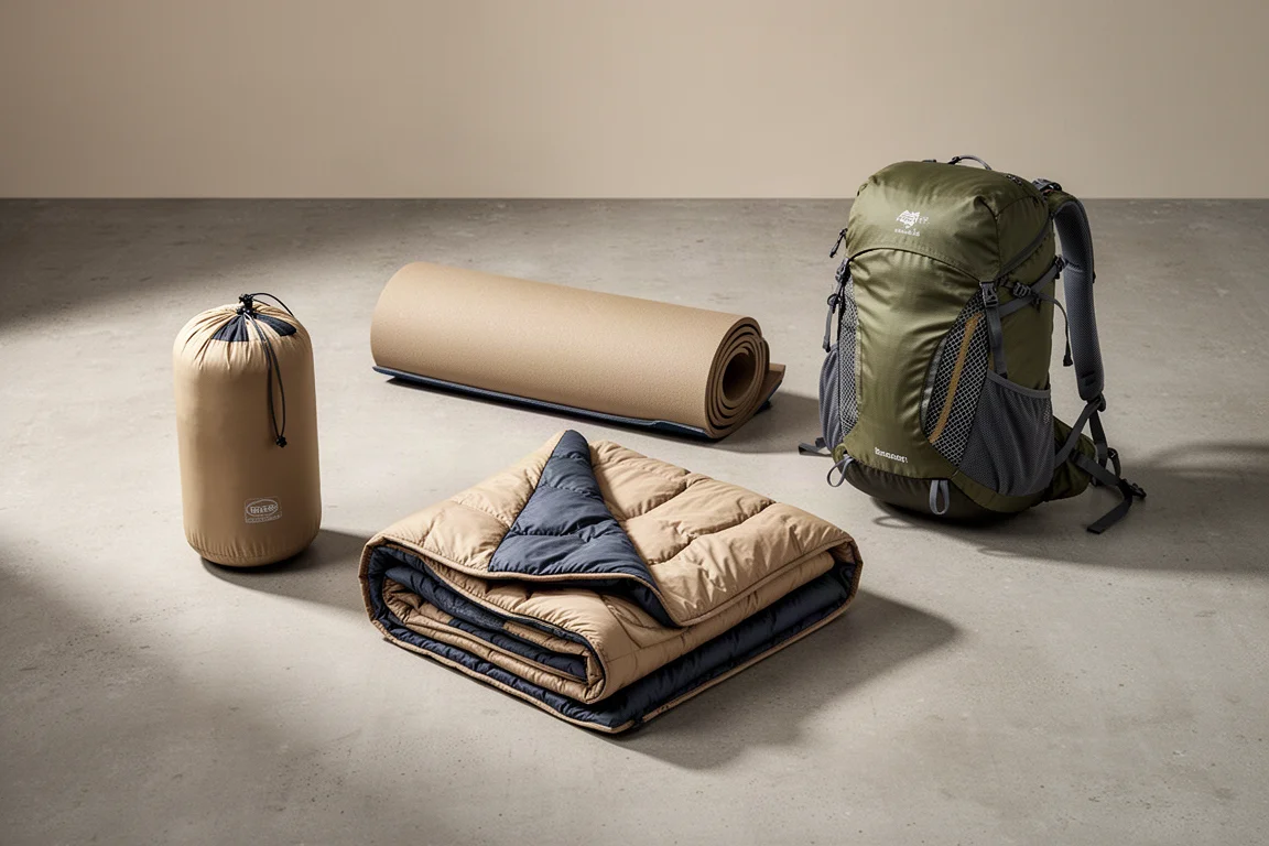 Four pieces of lightweight backpacking gear arranged on a concrete surface