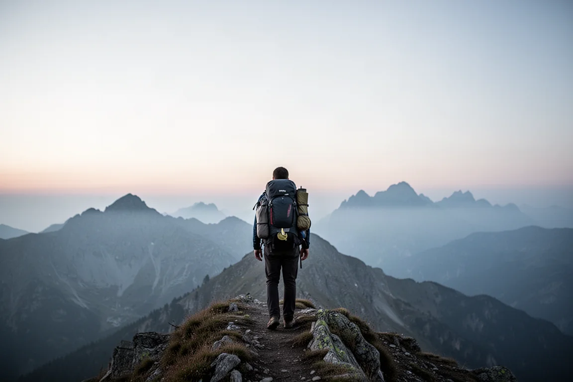 Randonneur avec un sac à dos sur une haute crête alpine au crépuscule