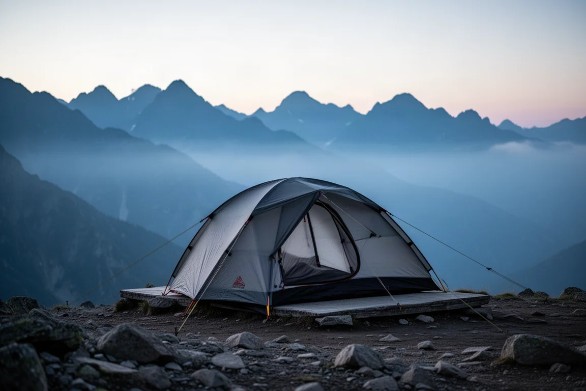 Tente de randonnée montée dans un camp de haute montagne à l'heure bleue