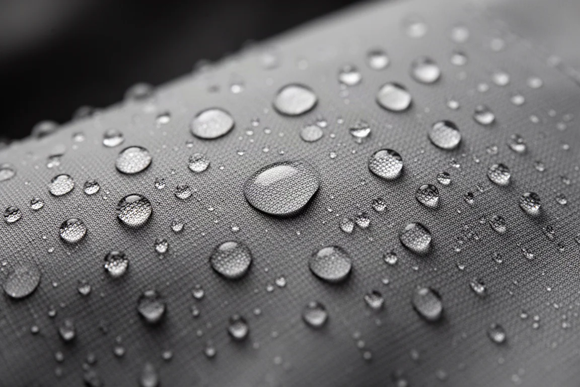 Gros plan de la pluie perlant sur un tissu de protection au tissage serré