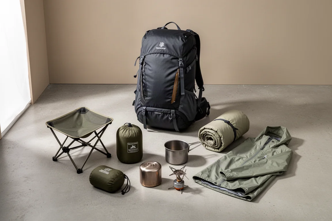 Framed hiking backpack surrounded by camping gear arranged on a concrete surface