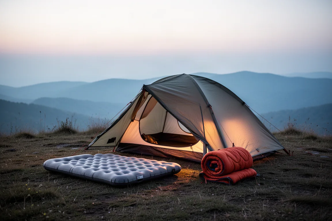 Acampamento de mochilão ao anoitecer com barraca baixa, colchonete inflado e quilt enrolado