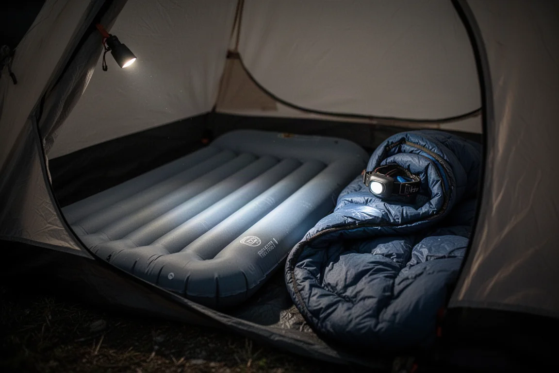 Vista aproximada de um colchonete inflável grosso e um quilt dentro de uma barraca à noite