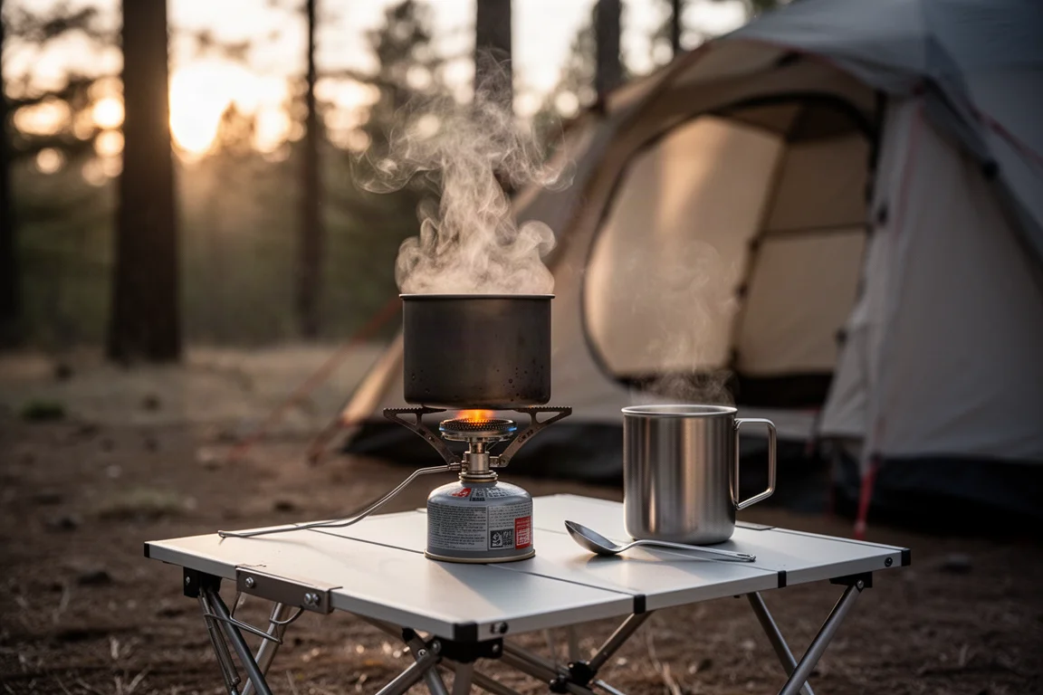 Fogareiro de cartucho pequeno fervendo água sobre uma mesa de acampamento ao amanhecer