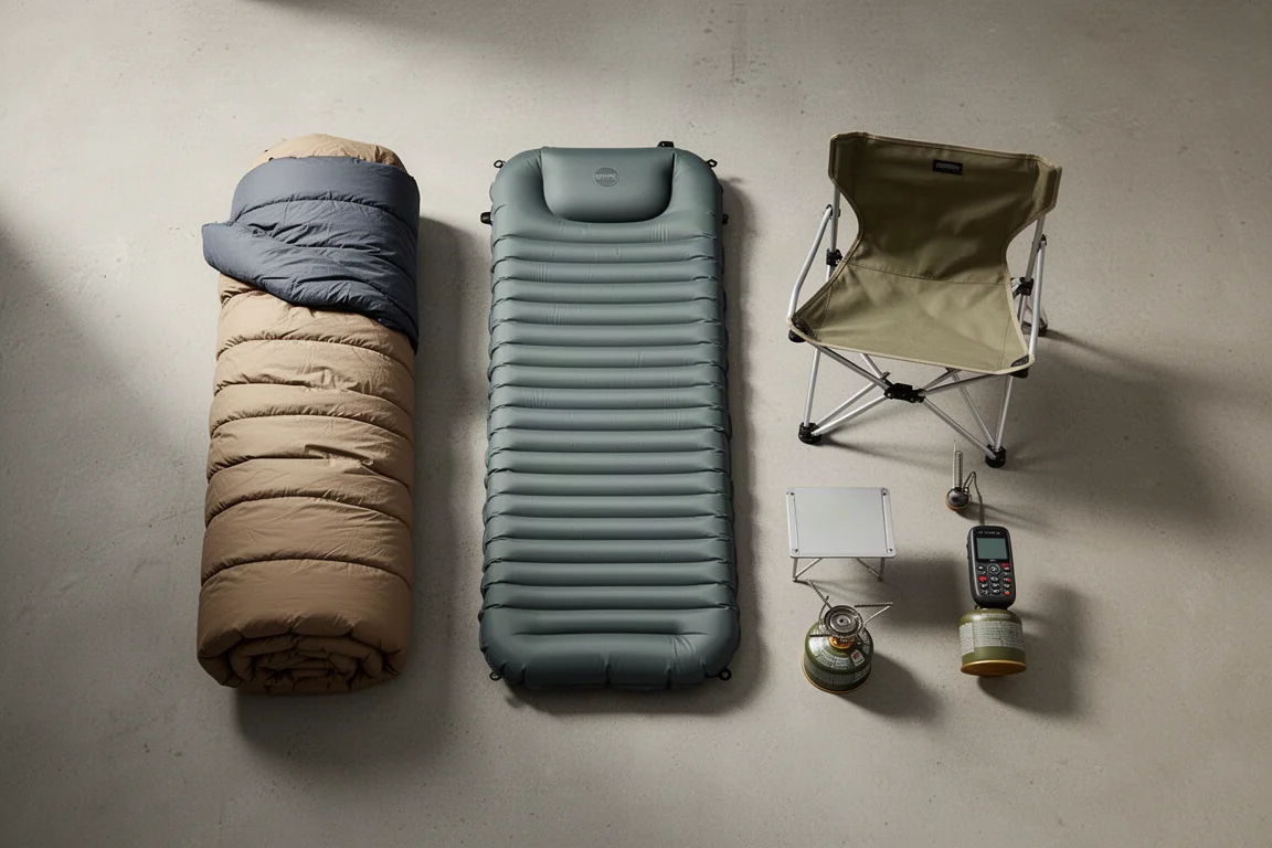 Flat-lay of backpacking gear including quilt, sleeping pad, camp chair, table and stove