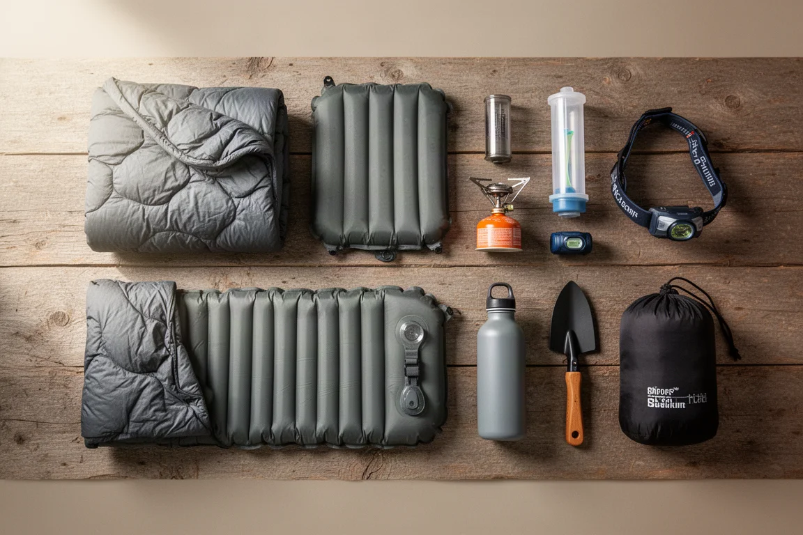 Disposizione dall'alto di attrezzatura da backpacking leggera su legno consumato