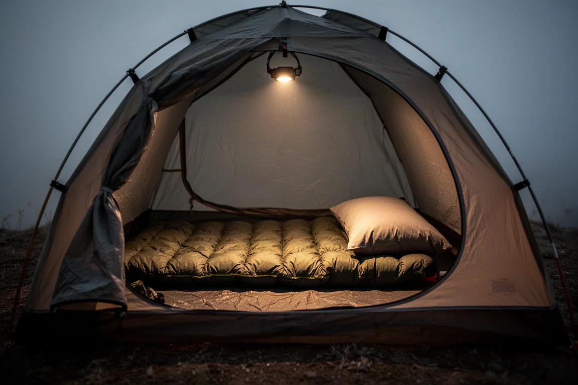 Interno di una piccola tenda da backpacking di notte con quilt e cuscino