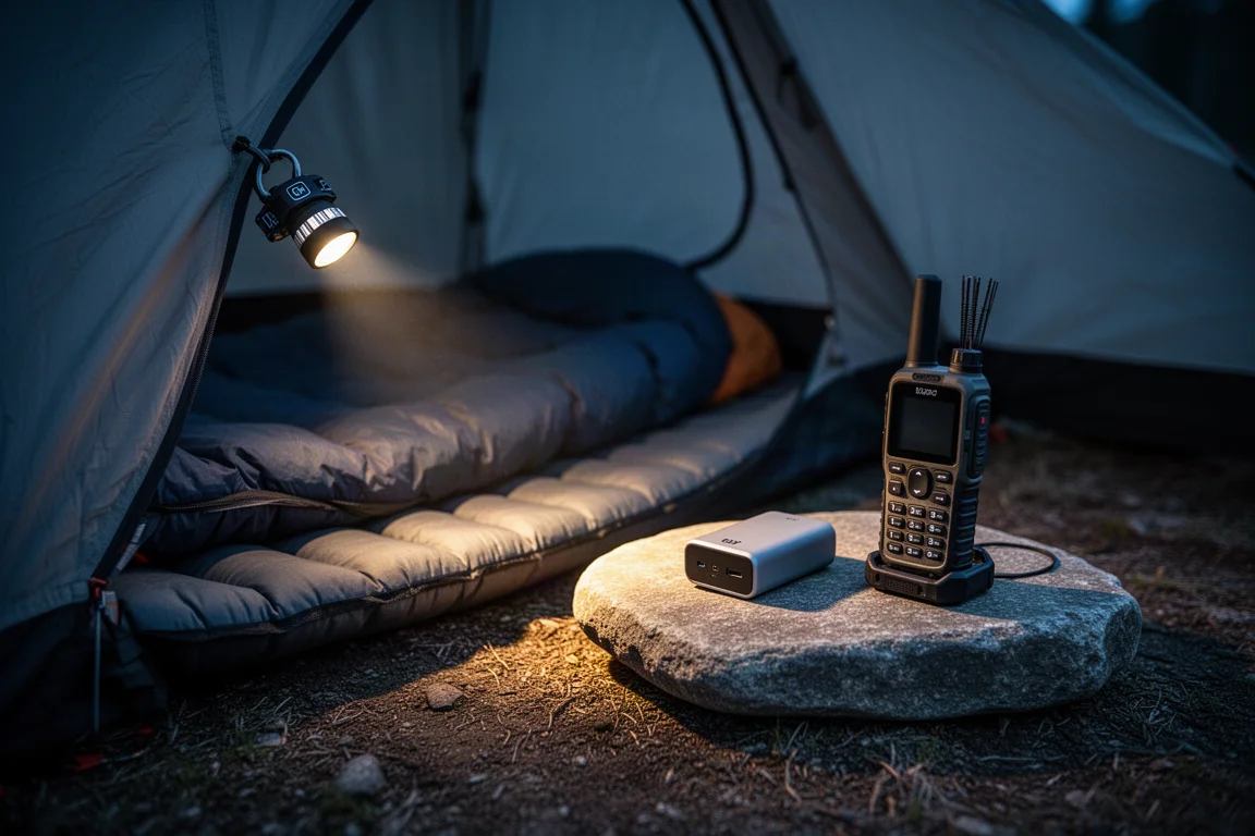 Fascio di una lampada frontale che illumina una tenda di notte con power bank su una pietra