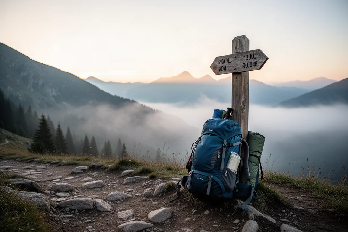 Zaino da escursionismo carico appoggiato a un palo del sentiero all'alba
