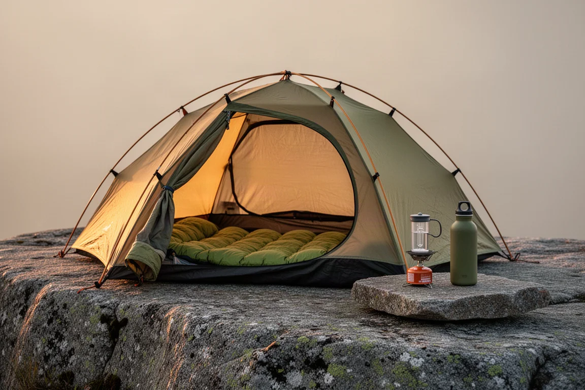 Lightweight backpacking camp on a granite ledge at golden hour with tent and stove