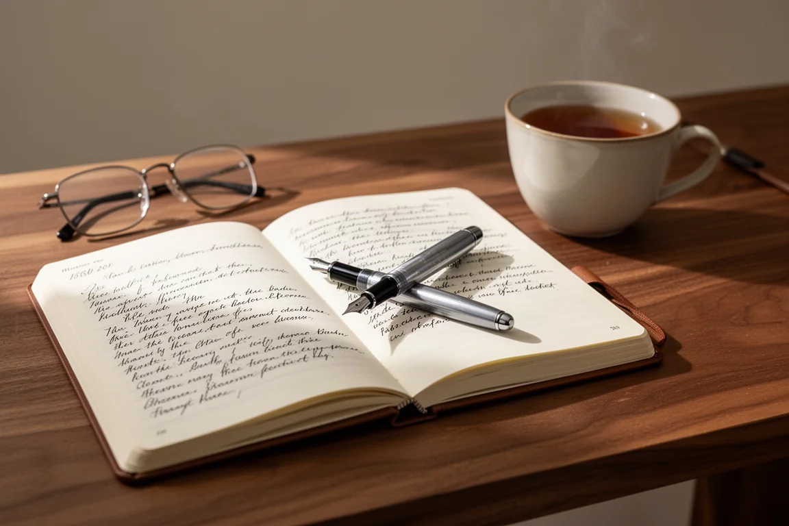 Open journal with handwritten pages beside a fountain pen on a wooden desk