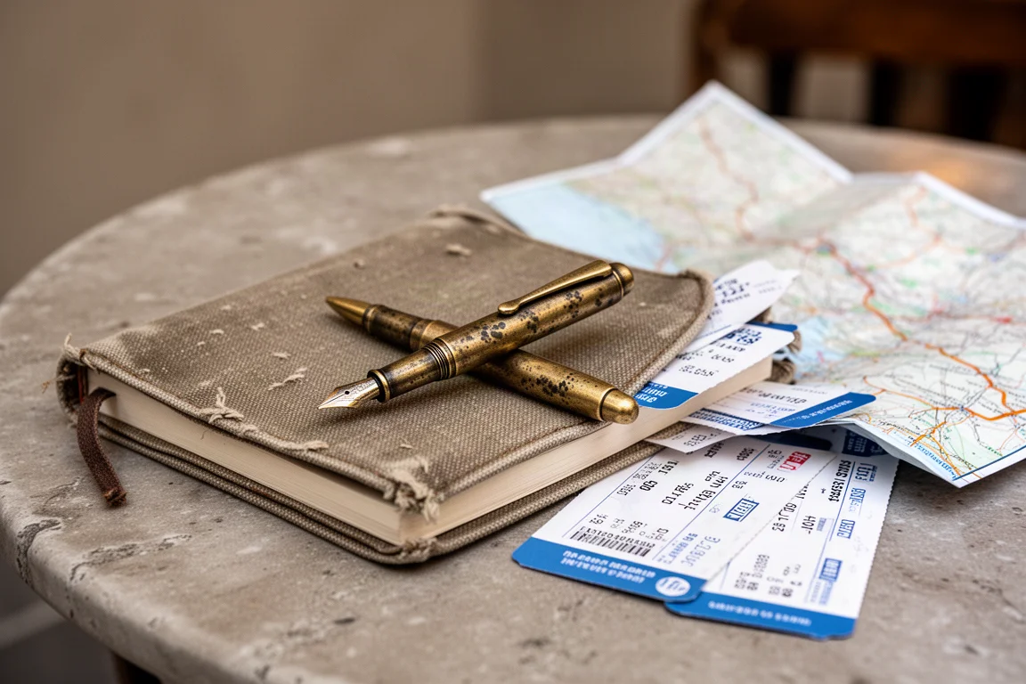 Raw brass pocket pen with patina resting on a museum notebook