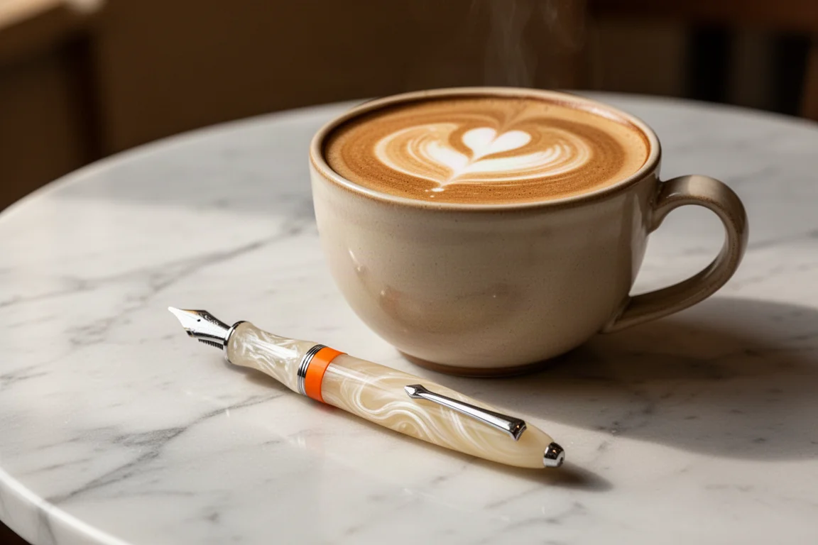 Cream and orange resin pen beside a latte in a ceramic cup