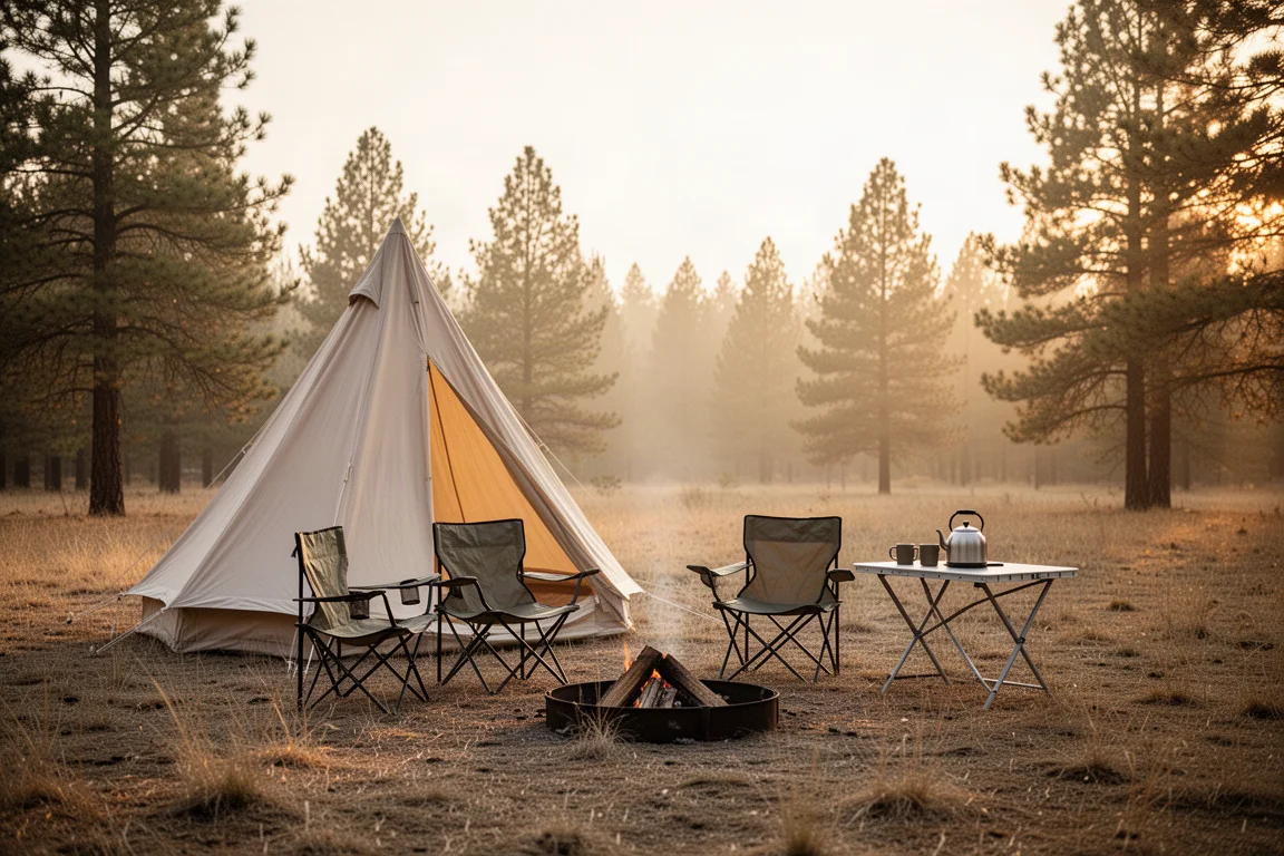 Emplacement de camping à l'heure dorée avec une grande tente, des chaises de camping et une table pliante