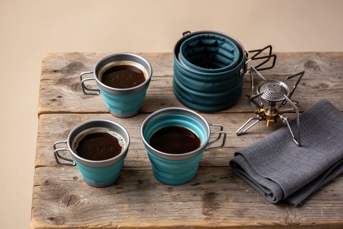 Vue à plat de tasses pliables, d'une casserole de camping pliée et d'un petit réchaud sur une table de camping