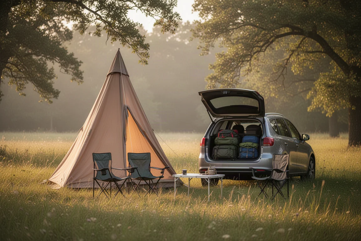 Campingplatz für das Auto in der goldenen Stunde mit einem hohen Zelt neben einem offenen Kofferraum