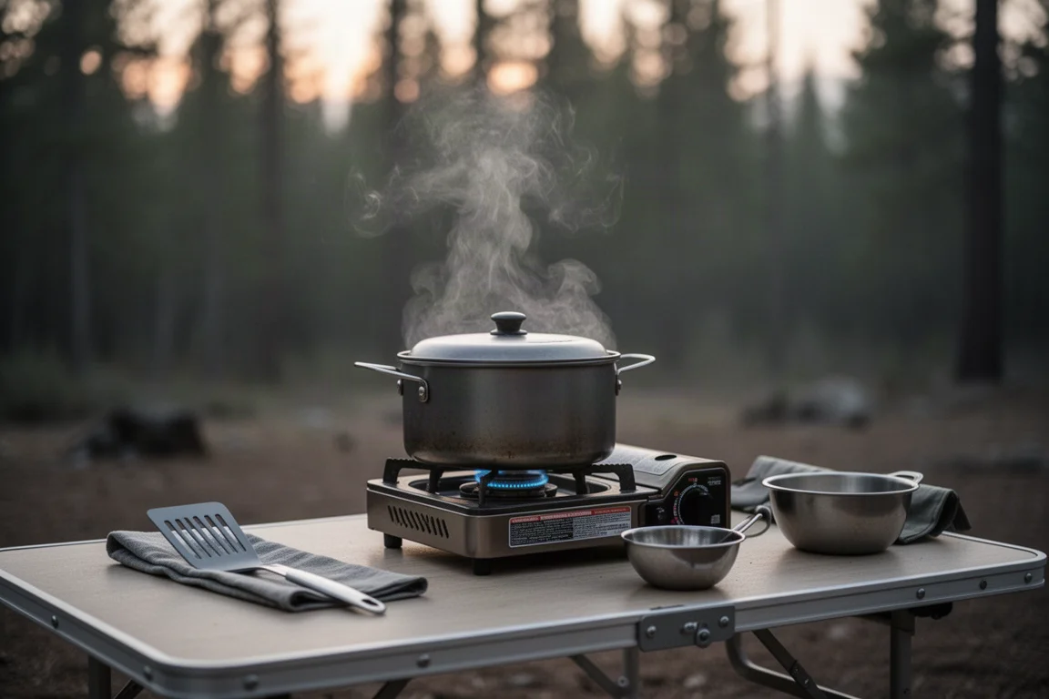 Topf erhitzt auf einem Campingkocher im Morgengrauen mit aufsteigendem Dampf auf einem Tisch