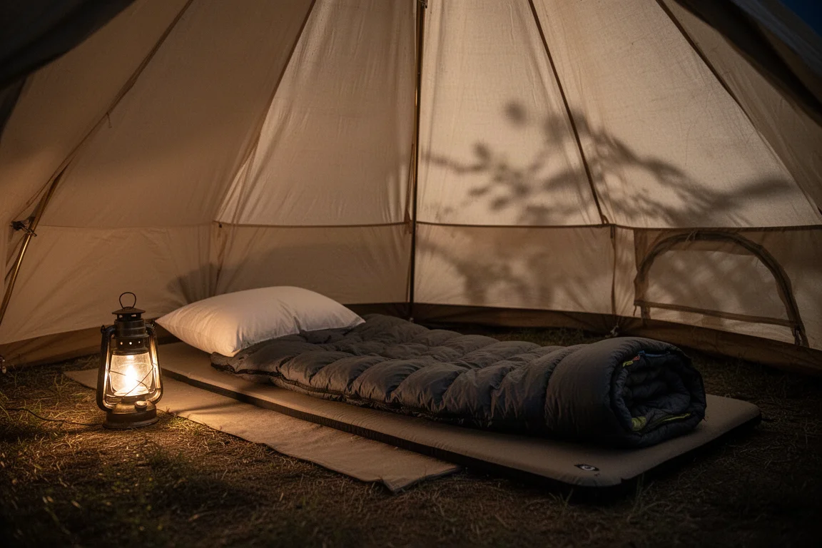 Zeltinneres bei Nacht mit einer dicken Schlafunterlage, Kissen und aufgerolltem Schlafsack